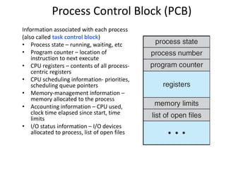 Process Control Block (PCB)
Information associated with each process
(also called task control block)
• Process state – running, waiting, etc
• Program counter – location of
instruction to next execute
• CPU registers – contents of all process-
centric registers
• CPU scheduling information- priorities,
scheduling queue pointers
• Memory-management information –
memory allocated to the process
• Accounting information – CPU used,
clock time elapsed since start, time
limits
• I/O status information – I/O devices
allocated to process, list of open files
 