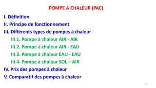 POMPE A CHALEUR (PAC)
I. Définition
II. Principe de fonctionnement
III. Différents types de pompes à chaleur
III.1. Pompe à chaleur AIR - AIR
III.2. Pompe à chaleur AIR - EAU
III.3. Pompe à chaleur EAU - EAU
III.4. Pompe à chaleur SOL – AIR
IV. Prix des pompes à chaleur
V. Comparatif des pompes à chaleur
3
 