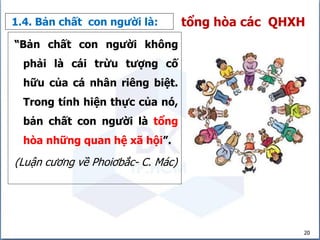 20
“Bản chất con người không
phải là cái trừu tượng cố
hữu của cá nhân riêng biệt.
Trong tính hiện thực của nó,
bản chất con người là tổng
hòa những quan hệ xã hội”.
(Luận cương về Phoiơbắc- C. Mác)
1.4. Bản chất con người là: tổng hòa các QHXH
 