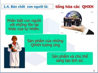 21
Phân biệt con người
với những tồn tại
khác của tự nhiên.
Sản phẩm và chủ thể
sáng tạo lịch sử.
Sản phẩm của những
QHXH tương ứng
1.4. Bản chất con người là: tổng hòa các QHXH
 