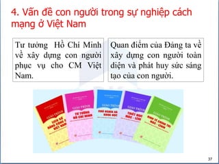 37
4. Vấn đề con người trong sự nghiệp cách
mạng ở Việt Nam
Tư tưởng Hồ Chí Minh
về xây dựng con người
phục vụ cho CM Việt
Nam.
Quan điểm của Đảng ta về
xây dựng con người toàn
diện và phát huy sức sáng
tạo của con người.
 
