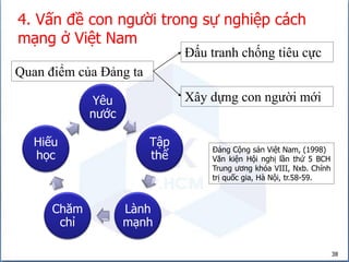 38
4. Vấn đề con người trong sự nghiệp cách
mạng ở Việt Nam
Quan điểm của Đảng ta
Đấu tranh chống tiêu cực
Xây dựng con người mới
Đảng Cộng sản Việt Nam, (1998)
Văn kiện Hội nghị lần thứ 5 BCH
Trung ương khóa VIII, Nxb. Chính
trị quốc gia, Hà Nội, tr.58-59.
Yêu
nước
Tập
thể
Lành
mạnh
Chăm
chỉ
Hiếu
học
 