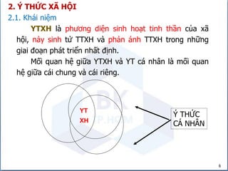 6
2. Ý THỨC XÃ HỘI
2.1. Khái niệm
YTXH là phương diện sinh hoạt tinh thần của xã
hội, nảy sinh từ TTXH và phản ánh TTXH trong những
giai đoạn phát triển nhất định.
Mối quan hệ giữa YTXH và YT cá nhân là mối quan
hệ giữa cái chung và cái riêng.
Ý THỨC
CÁ NHÂN
YT
XH
 