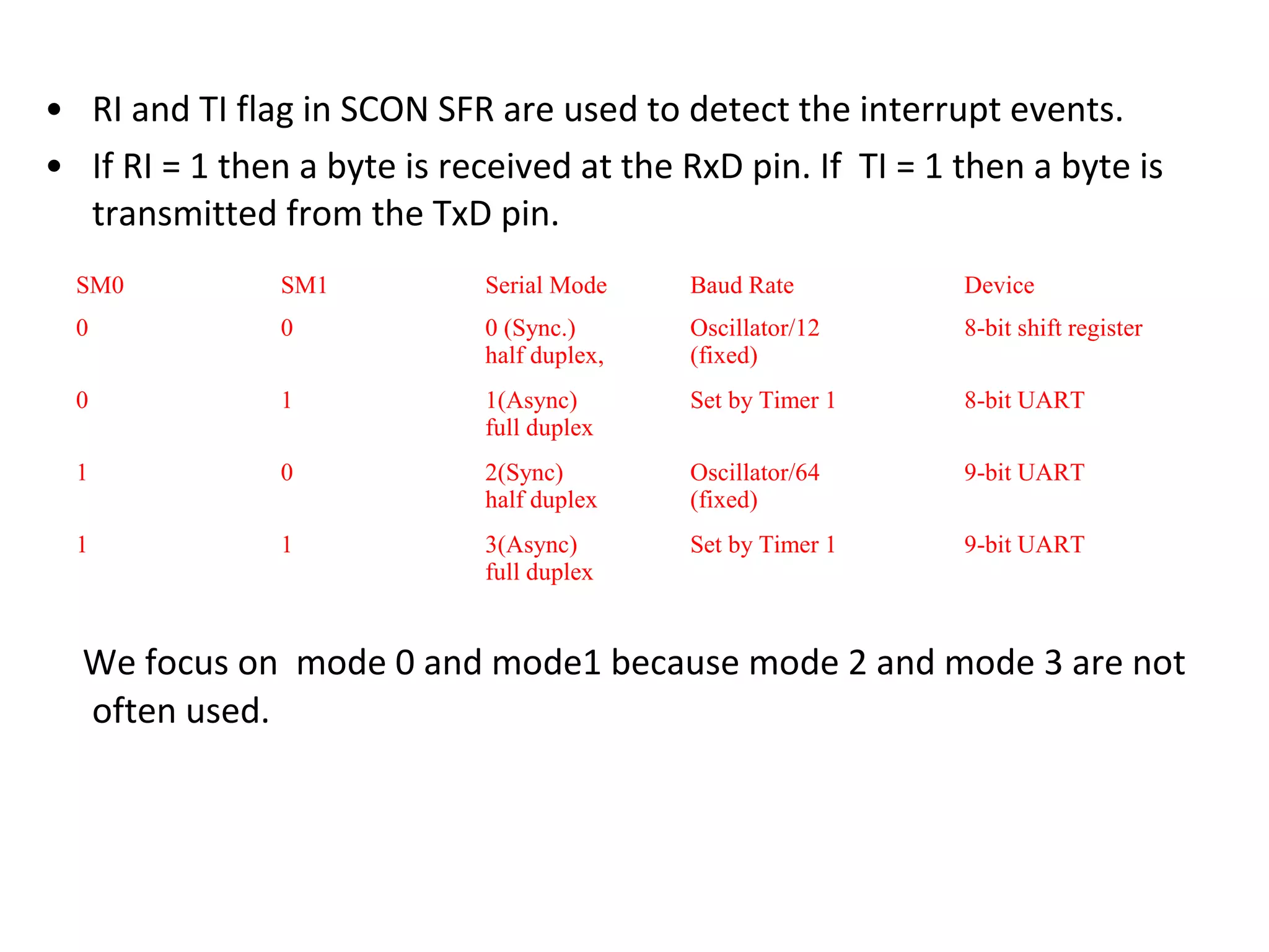 • RI and TI flag in SCON SFR are used to detect the interrupt events.
• If RI = 1 then a byte is received at the RxD pin. If TI = 1 then a byte is
  transmitted from the TxD pin.
  SM0           SM1          Serial Mode    Baud Rate         Device
  0             0            0 (Sync.)      Oscillator/12     8-bit shift register
                             half duplex,   (fixed)
  0             1            1(Async)       Set by Timer 1    8-bit UART
                             full duplex
  1             0            2(Sync)        Oscillator/64     9-bit UART
                             half duplex    (fixed)
  1             1            3(Async)       Set by Timer 1    9-bit UART
                             full duplex


  We focus on mode 0 and mode1 because mode 2 and mode 3 are not
  often used.
 