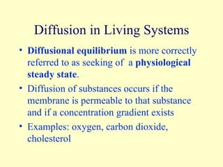 Diffusion in Living Systems Diffusional equilibrium  is more correctly referred to as seeking of  a  physiological steady state . Diffusion of substances occurs if the membrane is permeable to that substance and if a concentration gradient exists Examples: oxygen, carbon dioxide, cholesterol 