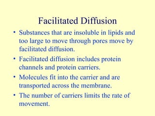 Facilitated Diffusion Substances that are insoluble in lipids and too large to move through pores move by facilitated diffusion. Facilitated diffusion includes protein channels and protein carriers. Molecules fit into the carrier and are transported across the membrane.  The number of carriers limits the rate of movement. 