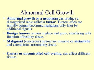Abnormal Cell Growth Abnormal growth or a neoplasm  can produce a disorganized mass called a  tumor . Tumors often are initially  benign  becoming  malignant  only later by additional signals Benign tumors  remain in place and grow, interfering with function of healthy tissue. Malignant  (cancerous) tumors are invasive or  metastatic  and extend into surrounding tissue. Cancer or uncontrolled cell cycling , can affect different tissues.  