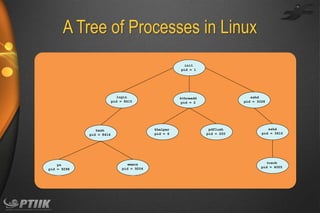 A Tree of Processes in Linux
init
pid = 1

login
pid = 8415

khelper
pid = 6

bash
pid = 8416

ps
pid = 9298

emacs
pid = 9204

sshd
pid = 3028

kthreadd
pid = 2

pdflush
pid = 200

sshd
pid = 3610

tcsch
pid = 4005

 