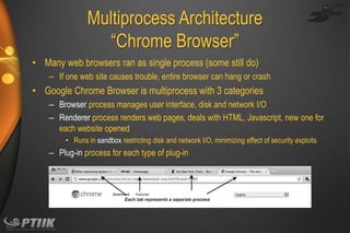 Multiprocess Architecture
“Chrome Browser”
• Many web browsers ran as single process (some still do)
– If one web site causes trouble, entire browser can hang or crash

• Google Chrome Browser is multiprocess with 3 categories
– Browser process manages user interface, disk and network I/O
– Renderer process renders web pages, deals with HTML, Javascript, new one for
each website opened
• Runs in sandbox restricting disk and network I/O, minimizing effect of security exploits

– Plug-in process for each type of plug-in

 