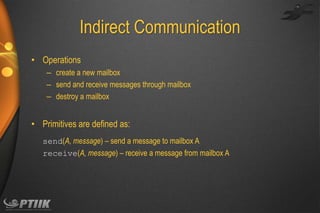 Indirect Communication
• Operations
– create a new mailbox
– send and receive messages through mailbox
– destroy a mailbox

• Primitives are defined as:
send(A, message) – send a message to mailbox A
receive(A, message) – receive a message from mailbox A

 