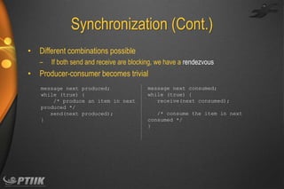 Synchronization (Cont.)
•

Different combinations possible
–

•

If both send and receive are blocking, we have a rendezvous

Producer-consumer becomes trivial
message next produced;
while (true) {
/* produce an item in next
produced */
send(next produced);
}

message next consumed;
while (true) {
receive(next consumed);
/* consume the item in next
consumed */
}

 