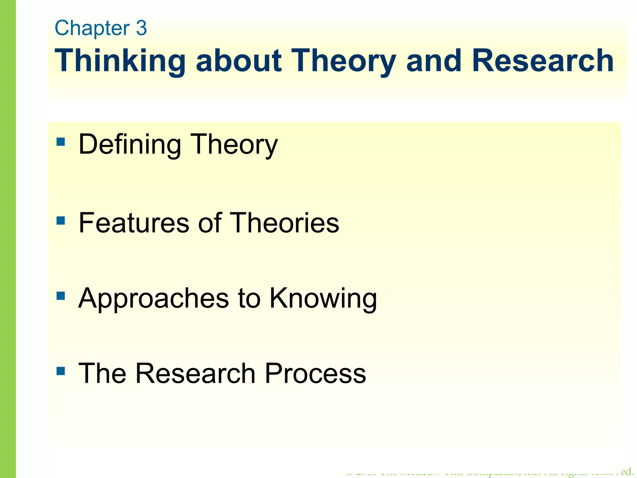 Thinking about Theory and Research Defining Theory Features of Theories Approaches to Knowing The Research Process Chapter 3 
