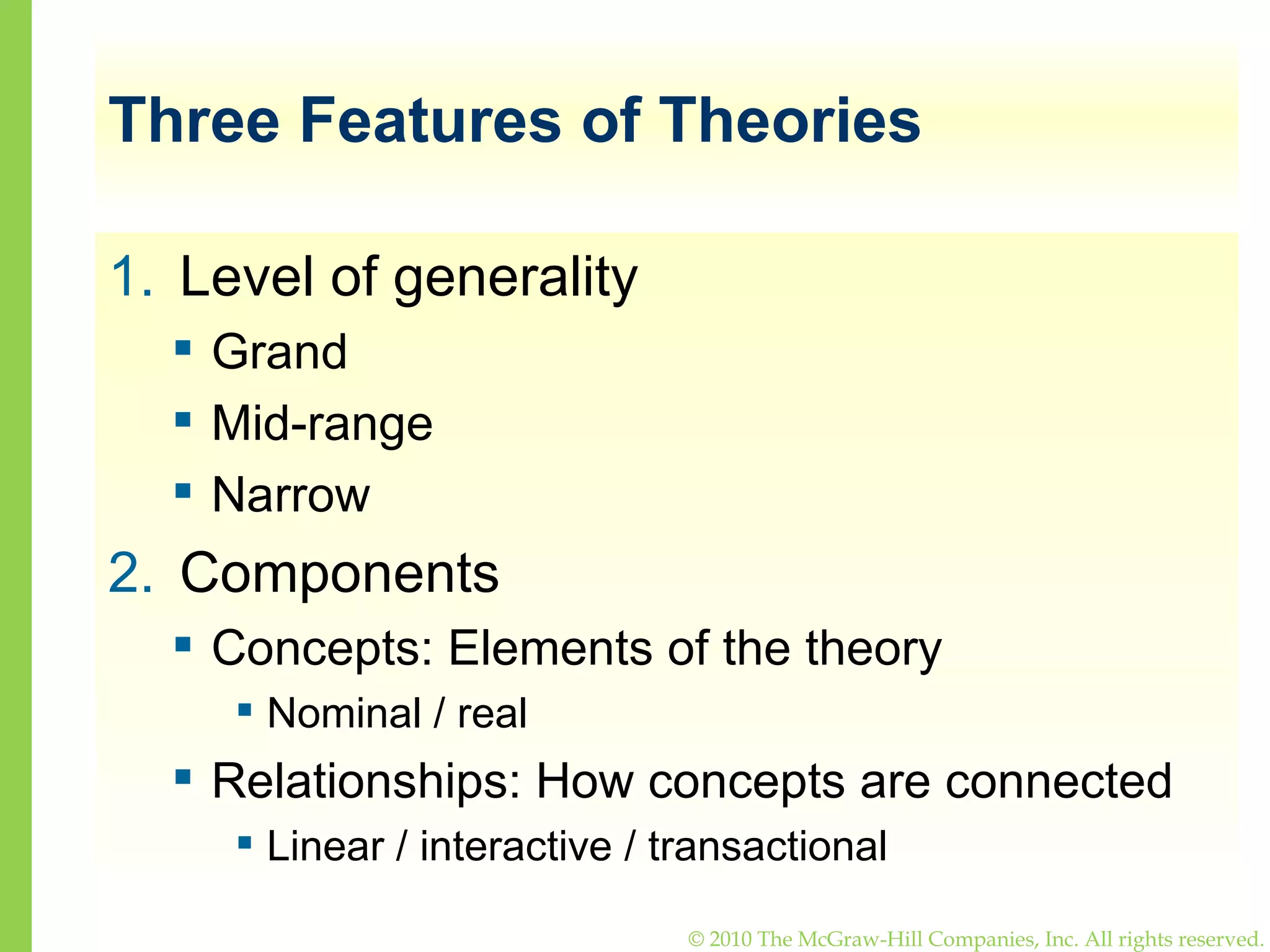 Three Features of Theories Level of generality Grand Mid-range Narrow Components Concepts: Elements of the theory Nominal / real Relationships: How concepts are connected Linear / interactive / transactional 