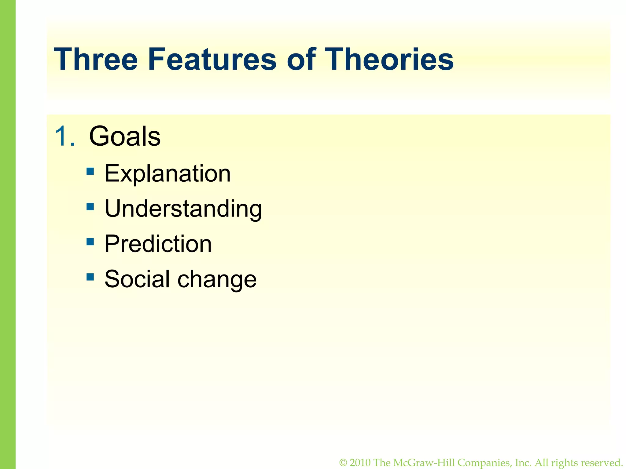 Three Features of Theories Goals Explanation Understanding Prediction Social change 