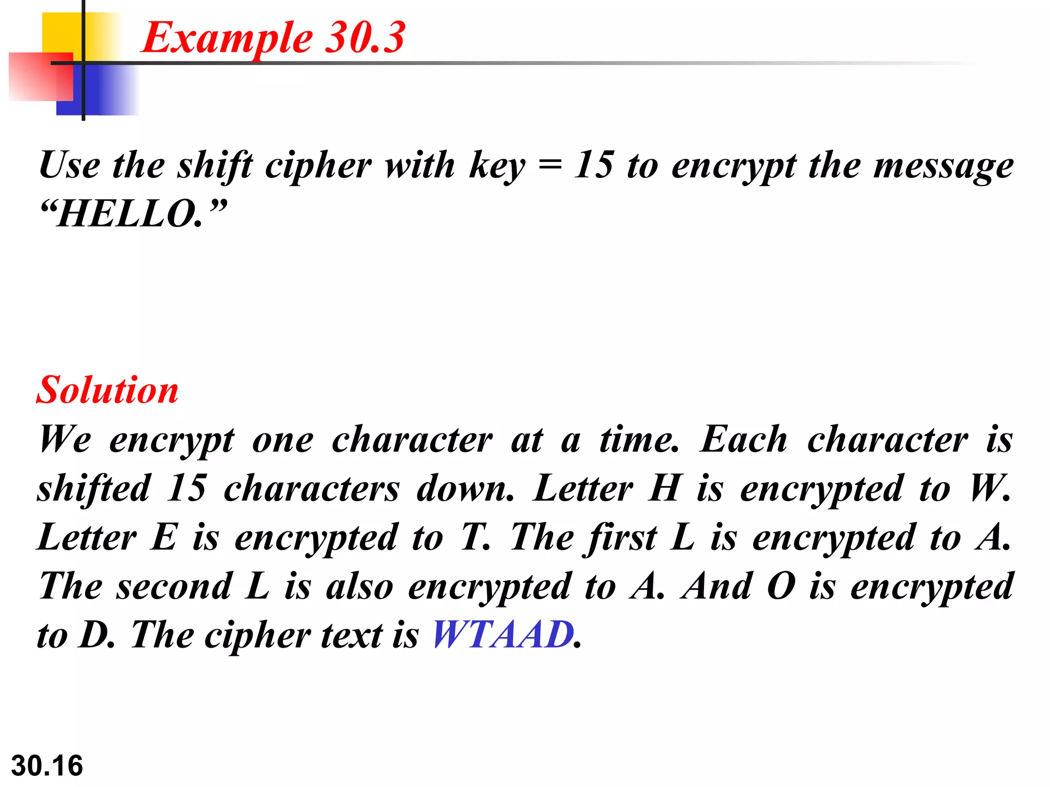 Use the shift cipher with key = 15 to encrypt the message “HELLO.” Solution We encrypt one character at a time. Each character is shifted 15 characters down. Letter H is encrypted to W. Letter E is encrypted to T. The first L is encrypted to A. The second L is also encrypted to A. And O is encrypted to D. The cipher text is  WTAAD . Example 30.3 