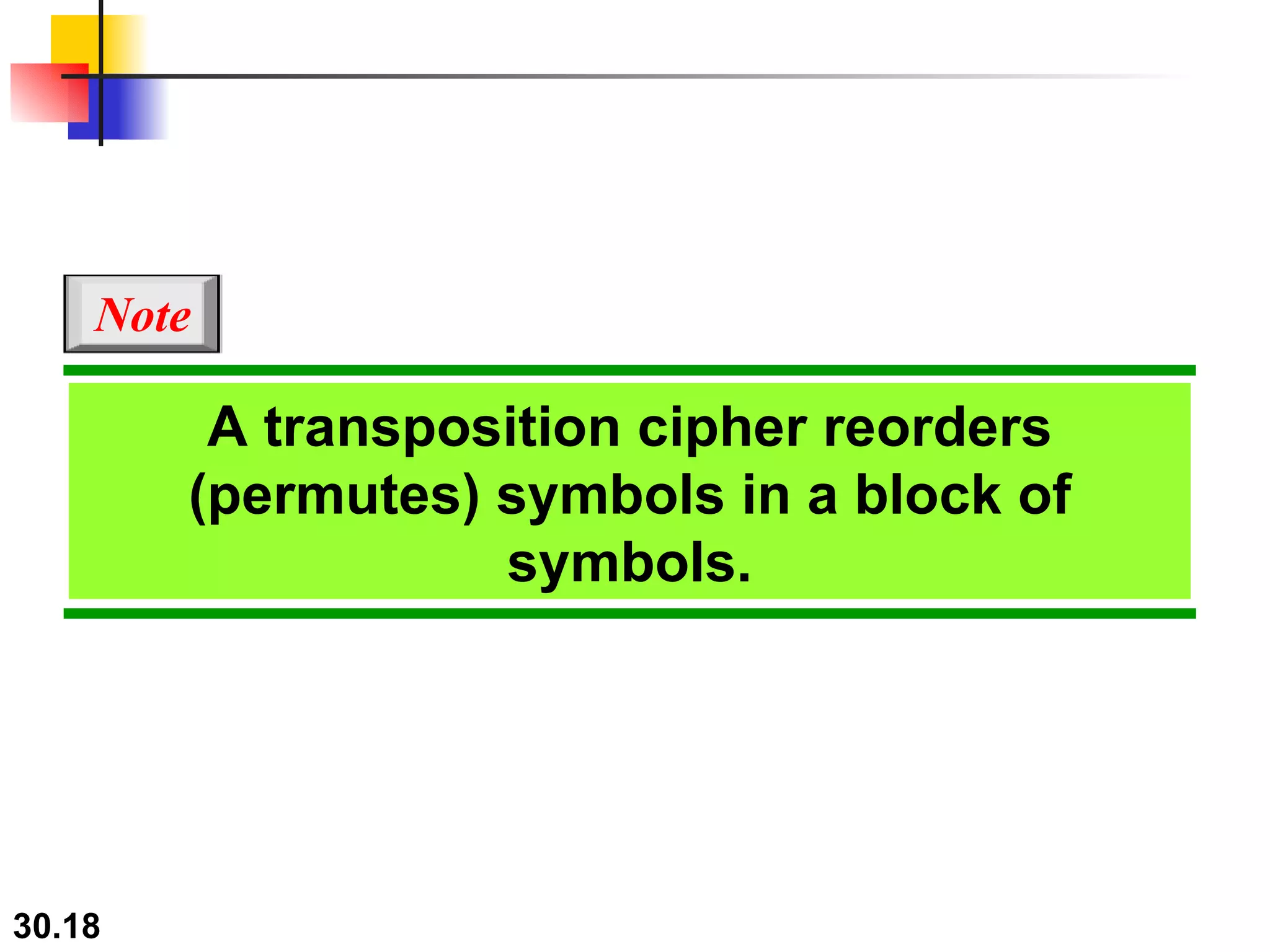 A transposition cipher reorders (permutes) symbols in a block of symbols. Note 