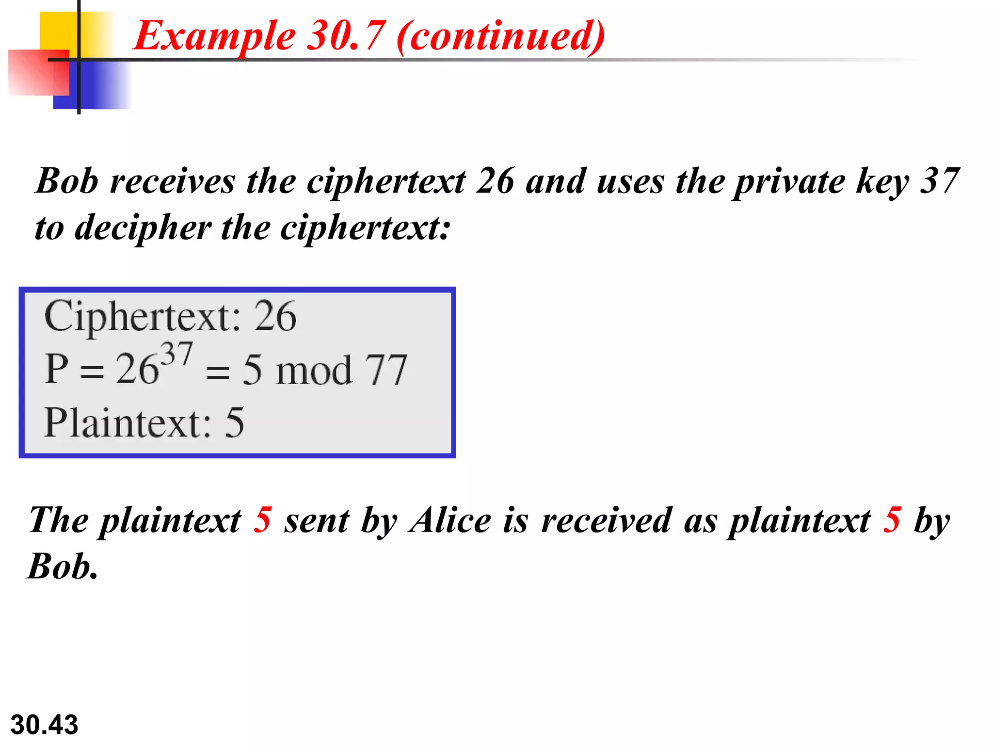 Example 30.7 (continued) Bob receives the ciphertext 26 and uses the private key 37 to decipher the ciphertext: The plaintext  5  sent by Alice is received as plaintext  5  by Bob. 