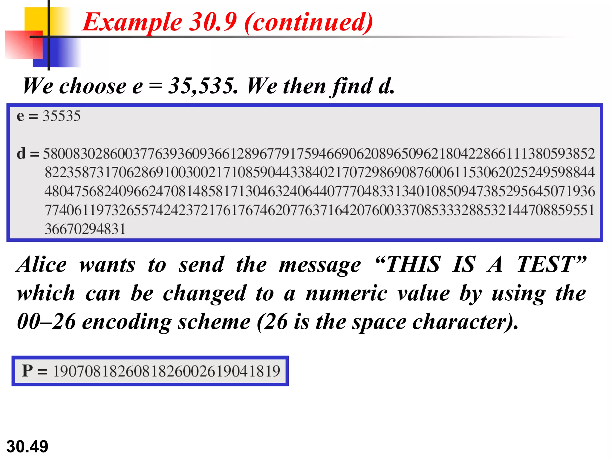 We choose e = 35,535. We then find d. Example 30.9 (continued) Alice wants to send the message “THIS IS A TEST” which can be changed to a numeric value by using the 00–26 encoding scheme (26 is the space character). 