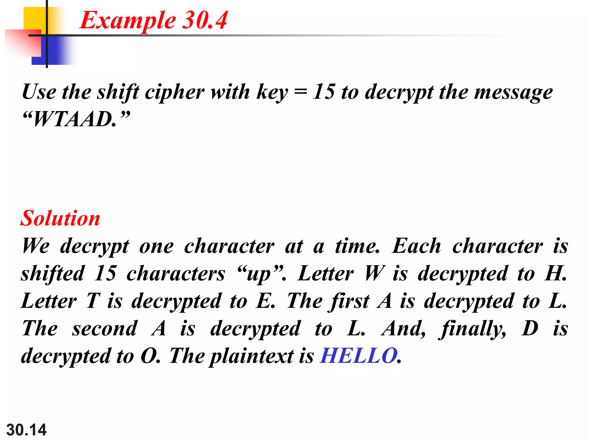 30.14
Use the shift cipher with key = 15 to decrypt the message
“WTAAD.”
Solution
We decrypt one character at a time. Each character is
shifted 15 characters “up”. Letter W is decrypted to H.
Letter T is decrypted to E. The first A is decrypted to L.
The second A is decrypted to L. And, finally, D is
decrypted to O. The plaintext is HELLO.
Example 30.4
 