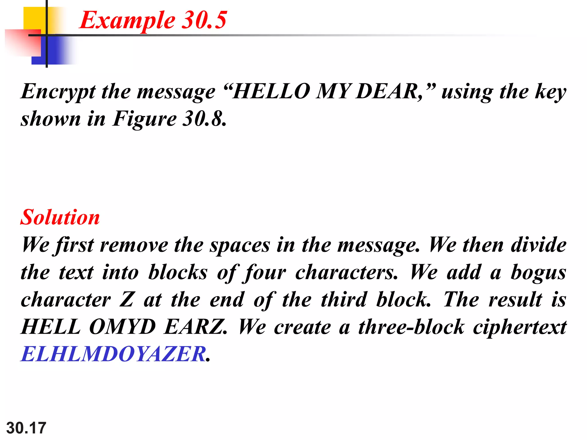 30.17
Encrypt the message “HELLO MY DEAR,” using the key
shown in Figure 30.8.
Solution
We first remove the spaces in the message. We then divide
the text into blocks of four characters. We add a bogus
character Z at the end of the third block. The result is
HELL OMYD EARZ. We create a three-block ciphertext
ELHLMDOYAZER.
Example 30.5
 
