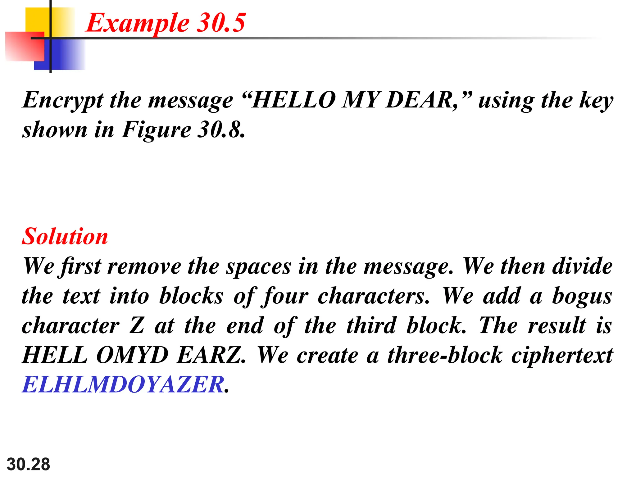 30.28
Encrypt the message “HELLO MY DEAR,” using the key
shown in Figure 30.8.
Solution
We first remove the spaces in the message. We then divide
the text into blocks of four characters. We add a bogus
character Z at the end of the third block. The result is
HELL OMYD EARZ. We create a three-block ciphertext
ELHLMDOYAZER.
Example 30.5
 