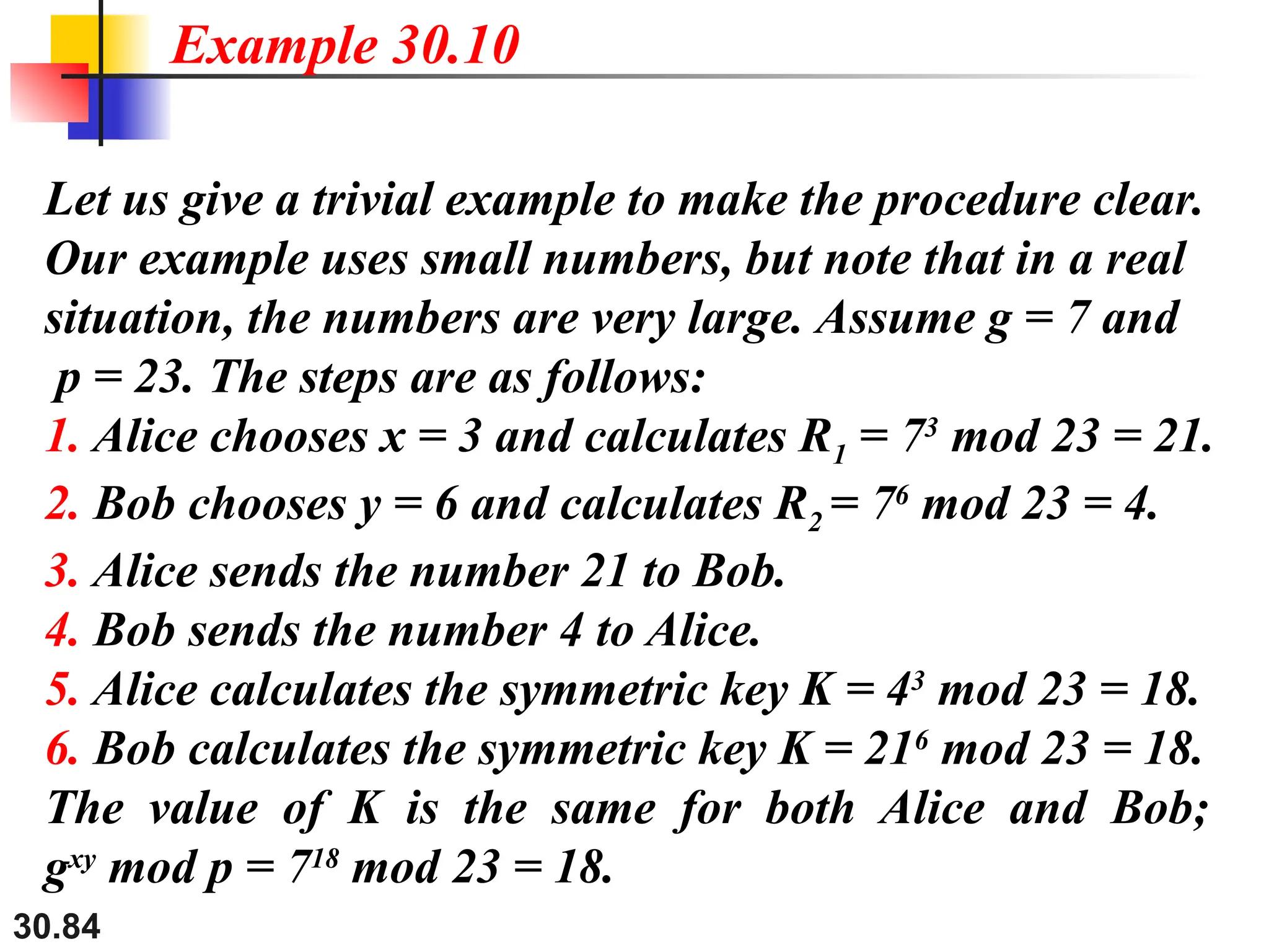 30.84
Let us give a trivial example to make the procedure clear.
Our example uses small numbers, but note that in a real
situation, the numbers are very large. Assume g = 7 and
p = 23. The steps are as follows:
1. Alice chooses x = 3 and calculates R1 = 73
mod 23 = 21.
2. Bob chooses y = 6 and calculates R2 = 76
mod 23 = 4.
3. Alice sends the number 21 to Bob.
4. Bob sends the number 4 to Alice.
5. Alice calculates the symmetric key K = 43
mod 23 = 18.
6. Bob calculates the symmetric key K = 216
mod 23 = 18.
The value of K is the same for both Alice and Bob;
gxy
mod p = 718
mod 23 = 18.
Example 30.10
 