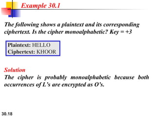 30.18
The following shows a plaintext and its corresponding
ciphertext. Is the cipher monoalphabetic? Key = +3
Example 30.1
Solution
The cipher is probably monoalphabetic because both
occurrences of L’s are encrypted as O’s.
 