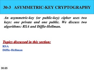 30.65
30-3 ASYMMETRIC-KEY CRYPTOGRAPHY
30-3 ASYMMETRIC-KEY CRYPTOGRAPHY
An asymmetric-key (or public-key) cipher uses two
An asymmetric-key (or public-key) cipher uses two
keys: one private and one public. We discuss two
keys: one private and one public. We discuss two
algorithms: RSA and Diffie-Hellman.
algorithms: RSA and Diffie-Hellman.
RSA
Diffie-Hellman
Topics discussed in this section:
Topics discussed in this section:
 