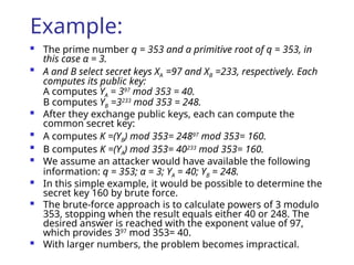Example:
 The prime number q = 353 and a primitive root of q = 353, in
this case α = 3.

A and B select secret keys XA =97 and XB =233, respectively. Each
computes its public key:
A computes YA = 397
mod 353 = 40.
B computes YB =3233
mod 353 = 248.
 After they exchange public keys, each can compute the
common secret key:

A computes K =(YB) mod 353= 24897
mod 353= 160.

B computes K =(YA) mod 353= 40233
mod 353= 160.
 We assume an attacker would have available the following
information: q = 353; α = 3; YA = 40; YB = 248.
 In this simple example, it would be possible to determine the
secret key 160 by brute force.
 The brute-force approach is to calculate powers of 3 modulo
353, stopping when the result equals either 40 or 248. The
desired answer is reached with the exponent value of 97,
which provides 397
mod 353= 40.
 With larger numbers, the problem becomes impractical.
 