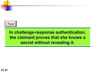 In challenge-response authentication, the claimant proves that she knows a secret without revealing it. Note 