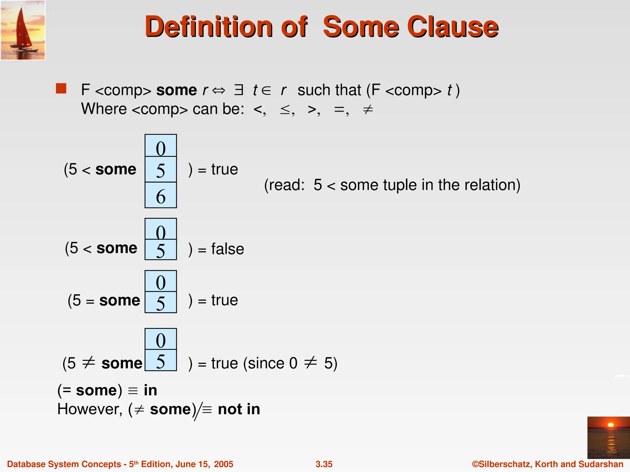 ©Silberschatz, Korth and Sudarshan
3.35
Database System Concepts - 5th
Edition, June 15, 2005
Definition of Some Clause
Definition of Some Clause
 F <comp> some r t r such that (F <comp> t )
Where <comp> can be:     
0
5
6
(5 < some ) = true
0
5
0
) = false
5
0
5
(5  some ) = true (since 0  5)
(read: 5 < some tuple in the relation)
(5 < some
) = true
(5 = some
(= some)  in
However, ( some)  not in
 