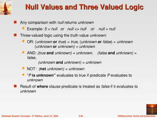 ©Silberschatz, Korth and Sudarshan
3.29
Database System Concepts - 5th
Edition, June 15, 2005
Null Values and Three Valued Logic
Null Values and Three Valued Logic
 Any comparison with null returns unknown
 Example: 5 < null or null <> null or null = null
 Three-valued logic using the truth value unknown:
 OR: (unknown or true) = true, (unknown or false) = unknown
(unknown or unknown) = unknown
 AND: (true and unknown) = unknown, (false and unknown) =
false,
(unknown and unknown) = unknown
 NOT: (not unknown) = unknown
 “P is unknown” evaluates to true if predicate P evaluates to
unknown
 Result of where clause predicate is treated as false if it evaluates to
unknown
 