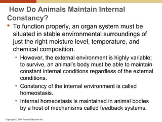 Copyright © 2009 Pearson Education Inc.
How Do Animals Maintain Internal
Constancy?
 To function properly, an organ system must be
situated in stable environmental surroundings of
just the right moisture level, temperature, and
chemical composition.
• However, the external environment is highly variable;
to survive, an animal’s body must be able to maintain
constant internal conditions regardless of the external
conditions.
• Constancy of the internal environment is called
homeostasis.
• Internal homeostasis is maintained in animal bodies
by a host of mechanisms called feedback systems.
 