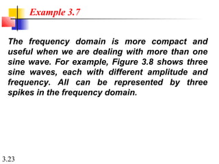 3.23
The frequency domain is more compact and
useful when we are dealing with more than one
sine wave. For example, Figure 3.8 shows three
sine waves, each with different amplitude and
frequency. All can be represented by three
spikes in the frequency domain.
Example 3.7
 