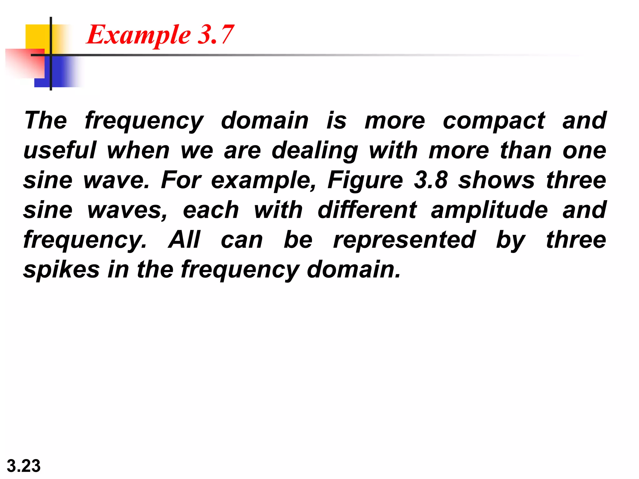 3.23
The frequency domain is more compact and
useful when we are dealing with more than one
sine wave. For example, Figure 3.8 shows three
sine waves, each with different amplitude and
frequency. All can be represented by three
spikes in the frequency domain.
Example 3.7
 