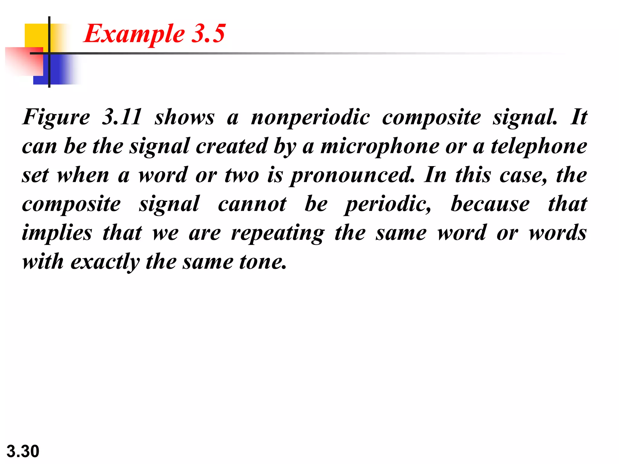 3.30
Figure 3.11 shows a nonperiodic composite signal. It
can be the signal created by a microphone or a telephone
set when a word or two is pronounced. In this case, the
composite signal cannot be periodic, because that
implies that we are repeating the same word or words
with exactly the same tone.
Example 3.5
 