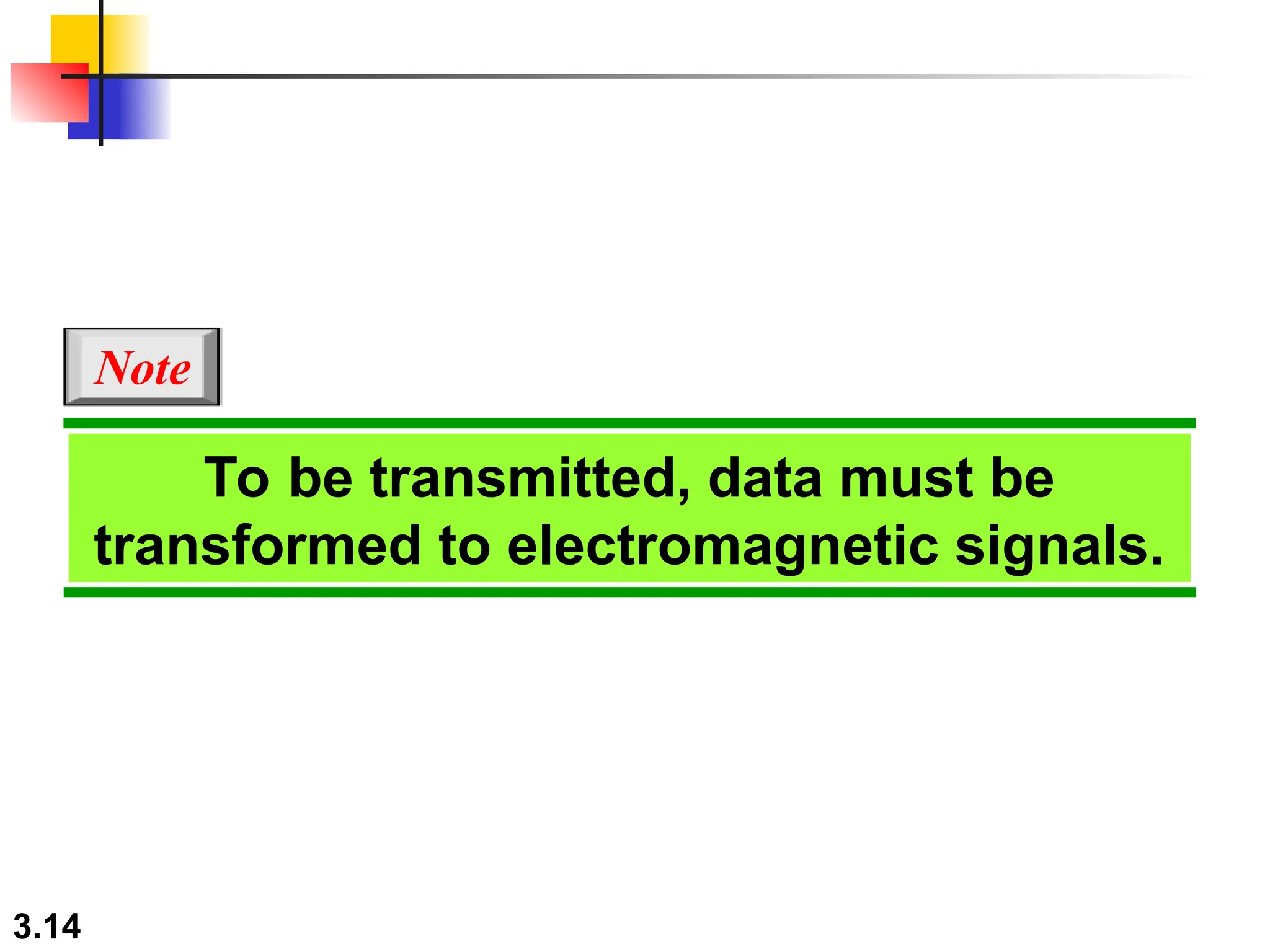 3.14
To be transmitted, data must be
transformed to electromagnetic signals.
Note
 