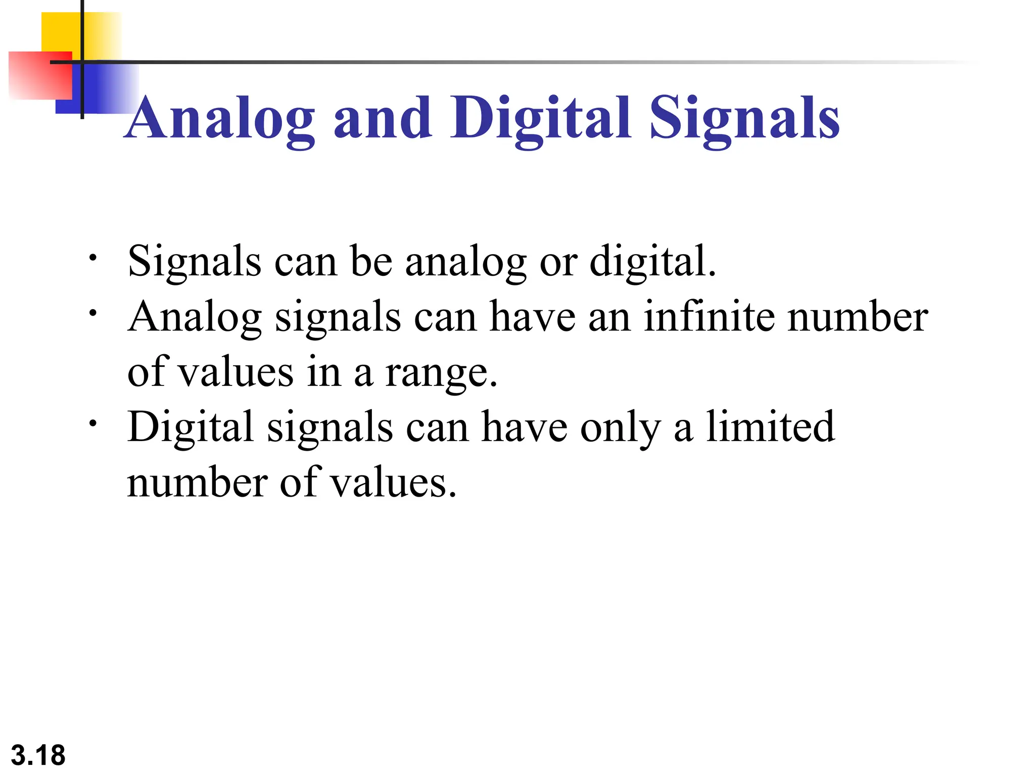 3.18
Analog and Digital Signals
• Signals can be analog or digital.
• Analog signals can have an infinite number
of values in a range.
• Digital signals can have only a limited
number of values.
 