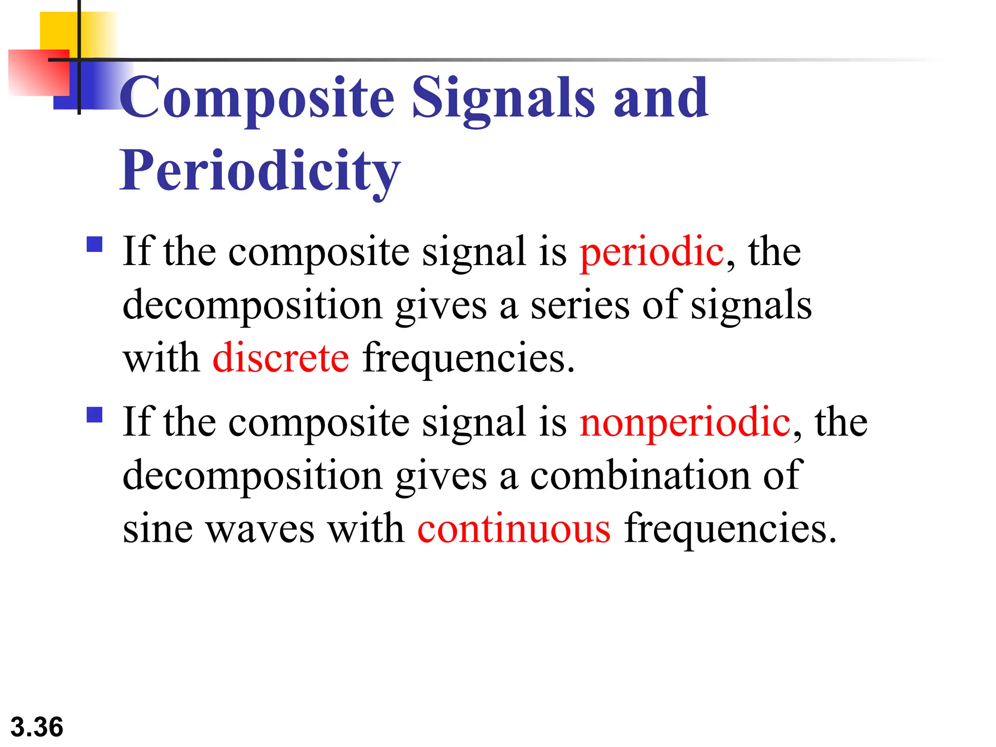 3.36
Composite Signals and
Periodicity
 If the composite signal is periodic, the
decomposition gives a series of signals
with discrete frequencies.
 If the composite signal is nonperiodic, the
decomposition gives a combination of
sine waves with continuous frequencies.
 