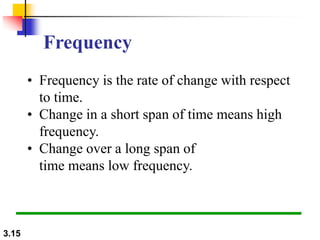 3.15
Frequency
• Frequency is the rate of change with respect
to time.
• Change in a short span of time means high
frequency.
• Change over a long span of
time means low frequency.
 