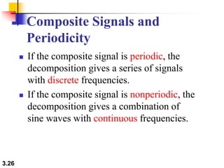 3.26
Composite Signals and
Periodicity
 If the composite signal is periodic, the
decomposition gives a series of signals
with discrete frequencies.
 If the composite signal is nonperiodic, the
decomposition gives a combination of
sine waves with continuous frequencies.
 