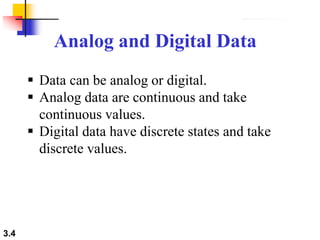 3.4
Analog and Digital Data
 Data can be analog or digital.
 Analog data are continuous and take
continuous values.
 Digital data have discrete states and take
discrete values.
 