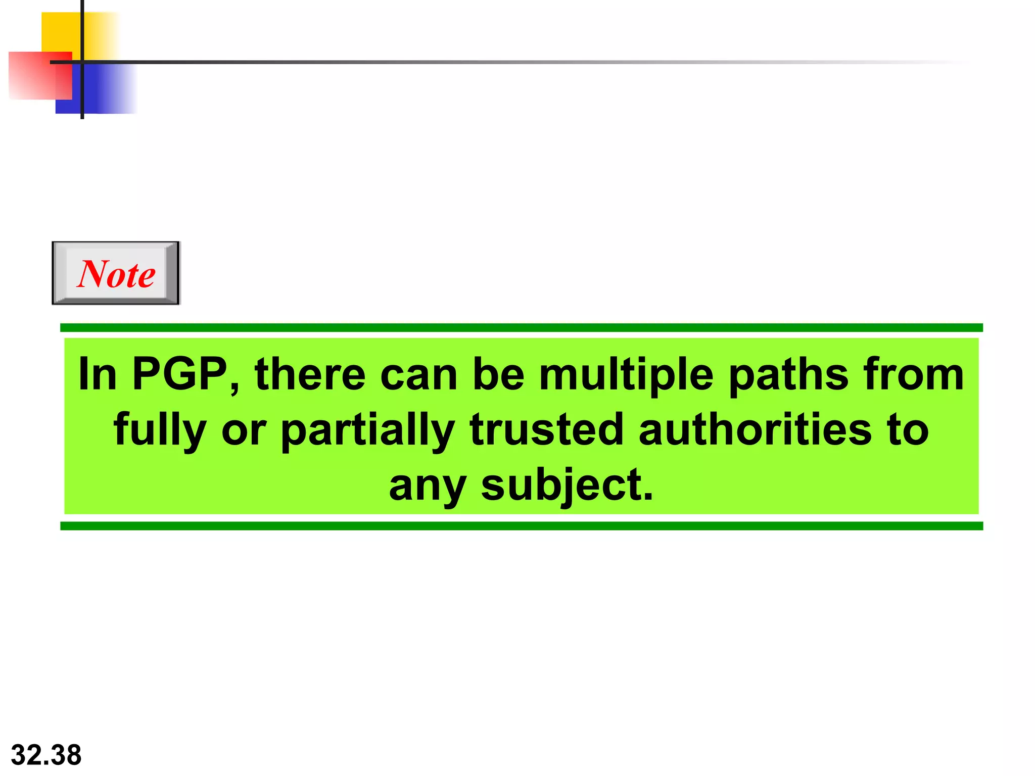 In PGP, there can be multiple paths from fully or partially trusted authorities to any subject. Note 