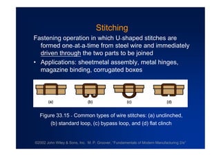 ©2002 John Wiley & Sons, Inc. M. P. Groover, “Fundamentals of Modern Manufacturing 2/e”
Stitching
Fastening operation in which U-shaped stitches are
formed one-at-a-time from steel wire and immediately
driven through the two parts to be joined
•Applications: sheetmetal assembly, metal hinges,
magazine binding, corrugated boxes
Figure 33.15 - Common types of wire stitches: (a) unclinched,
(b) standard loop, (c) bypass loop, and (d) flat clinch
 