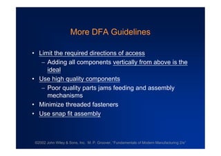 ©2002 John Wiley & Sons, Inc. M. P. Groover, “Fundamentals of Modern Manufacturing 2/e”
More DFA Guidelines
•Limit the required directions of access
Adding all components vertically from above is the
ideal
•Use high quality components
Poor quality parts jams feeding and assembly
mechanisms
•Minimize threaded fasteners
•Use snap fit assembly
 
