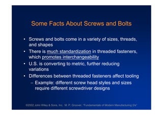 ©2002 John Wiley & Sons, Inc. M. P. Groover, “Fundamentals of Modern Manufacturing 2/e”
Some Facts About Screws and Bolts
•Screws and bolts come in a variety of sizes, threads,
and shapes
•There is much standardization in threaded fasteners,
which promotes interchangeability
•U.S. is converting to metric, further reducing
variations
•Differences between threaded fasteners affect tooling
Example: different screw head styles and sizes
require different screwdriver designs
 