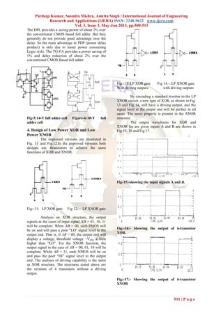 Pardeep Kumar, Susmita Mishra, Amrita Singh / International Journal of Engineering
Research and Applications (IJERA) ISSN: 2248-9622 www.ijera.com
Vol. 3, Issue 3, May-Jun 2013, pp.509-513
511 | P a g e
The DPL provides a saving power of about 2% over
the conventional CMOS based full adder. But they
generally do not provide good advantage over the
delay. So the main advantage in PDP (power delay
product) is only due to lesser power consuming
Logic style. The TG-FA provides a power saving of
1% and delay reduction of about 2% over the
conventional CMOS Based full adder.
.
Fig-5:14-T full adder cell Figure-6:10-T full
adder cell
4. Design of Low Power XOR and Low
Power XNOR
The improved versions are illustrated in
Fig. 11 and Fig.12.In the improved versions both
designs use 4transistors to achieve the same
functions of XOR and XNOR.
Fig:-11: LP XOR gate Fig 12:-: LP XNOR gate
Analysis on XOR structure, the output
signals in the cases of input signal AB = 01, 10, 11
will be complete. When AB = 00, each PMOS will
be on and will pass a poor “LO’ signal level to the
output end. That is, if AB = 00, the output end will
display a voltage, threshold voltage ~Vpth, a little
higher than “LO”. For the XNOR function, the
output signal in the case of AB = 00, 01, 10 will be
complete. While AB = 11, each NMOS will be on
and pass the poor “HI” signal level to the output
end. The analysis of driving capability is the same
as XOR structure. The structures stated above are
the versions of 4 transistors without a driving
output.
Fig:-13: LP XOR gate Fig 14:-: LP XNOR gate
With driving outputs with driving outputs
By cascading a standard inverter to the LP
XNOR circuit, a new type of XOR, as shown in Fig.
13 and Fig 14, will have a driving output, and the
signal level at the output end will be perfect in all
cases. The same property is present in the XNOR
structure.
The output waveforms for XOR and
XNOR for are given inputs A and B are shown in
Fig 15, 16 and Fig 17.
Fig-15:-showing the input signals A and B.
Fig:-16:- Showing the output of 6-transistor
XOR.
Fig:-17:- Showing the output of 6-transistor
XNOR
 