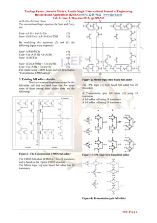 Pardeep Kumar, Susmita Mishra, Amrita Singh / International Journal of Engineering
Research and Applications (IJERA) ISSN: 2248-9622 www.ijera.com
Vol. 3, Issue 3, May-Jun 2013, pp.509-513
510 | P a g e
A+B+Cin=2xCout +Sum (1)
The conventional logic equation for Sum and Carry
are:
Cout= (A∙B) + (A+B)∙Cin (2)
Sum= (A∙B∙Cin) + (A+B+Cin) ∙Cout (3)
By modifying the equations (2) and (3) the
following logics were proposed:-
Sum= A B Cin (4)
Cout= Cin (A B) +A∙(A B) (5)
Sum= A B Cin (6)
Sum= (Cin∙(A B)) + (Cin∙(A B) (7)
Cout= Cin (A∙B) + Cin∙(A+B) (8)
Full Adder using CMOS Logic and will be called as
“Conventional CMOS design”.
3. Existing full adder circuits
There are standard implementations for the
full-adder cell that are used from last few years
some of them among these adders there are the
following:-
Figure.1- The Conventional CMOS full-adder
The CMOS full adder (CMOS)[1] has 28 transistors
and is based on the regular CMOS structure
The Mirror logic [6] style based full adder has 28
transistors
Figure-2: Mirror logic style based full adder
The DPL logic [3] style based full adder has 28
transistors
A Transmission gate full adder [4] using 18
transistors
A full adder cell using 14 transistors
A full adder cell using 10 transistors
Figure: 3-DPL logic style based full adder
Figure-4: Transmission gate full adder
 