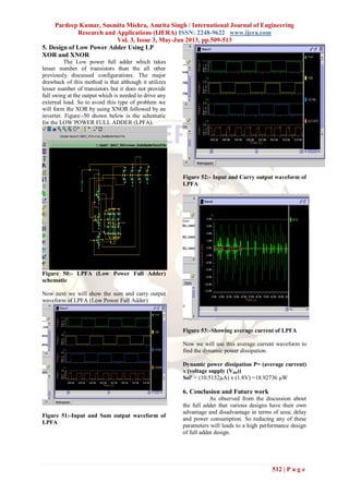 Pardeep Kumar, Susmita Mishra, Amrita Singh / International Journal of Engineering
Research and Applications (IJERA) ISSN: 2248-9622 www.ijera.com
Vol. 3, Issue 3, May-Jun 2013, pp.509-513
512 | P a g e
5. Design of Low Power Adder Using LP
XOR and XNOR
The Low power full adder which takes
lesser number of transistors than the all other
previously discussed configurations. The major
drawback of this method is that although it utilizes
lesser number of transistors but it does not provide
full swing at the output which is needed to drive any
external load. So to avoid this type of problem we
will form the XOR by using XNOR followed by an
inverter. Figure:-50 shown below is the schematic
for the LOW POWER FULL ADDER (LPFA).
Figure 50:- LPFA (Low Power Full Adder)
schematic
Now next we will show the sum and carry output
waveform of LPFA (Low Power Full Adder).
Figure 51:-Input and Sum output waveform of
LPFA
Figure 52:- Input and Carry output waveform of
LPFA
Figure 53:-Showing average current of LPFA
Now we will use this average current waveform to
find the dynamic power dissipation.
Dynamic power dissipation P= (average current)
x (voltage supply (Vdd))
SoP = (10.5152µA) x (1.8V) =18.92736 µW
6. Conclusion and Future work
As observed from the discussion about
the full adder that various designs have their own
advantage and disadvantage in terms of area, delay
and power consumption. So reducing any of these
parameters will leads to a high performance design
of full adder design.
 
