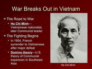 War Breaks Out in VietnamWar Breaks Out in Vietnam
The Road to WarThe Road to War

Ho Chi MinhHo Chi Minh——
Vietnamese nationalist,Vietnamese nationalist,
later Communist leaderlater Communist leader
The Fighting BeginsThe Fighting Begins

In 1954, FrenchIn 1954, French
surrender to Vietnamesesurrender to Vietnamese
after major defeatafter major defeat

Domino theoryDomino theory—U.S.—U.S.
theory of Communisttheory of Communist
expansion in Southeastexpansion in Southeast
AsiaAsia Ho Chi Minh
 